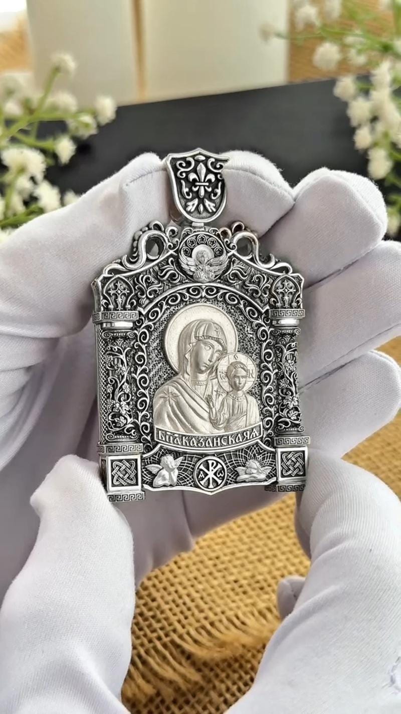Virgin Mary Pendant, Christian Orthodox Necklace,  Mens Pendant, Silver Christian Jewelry,Religious Pendant, Birthday Gift for Him 550