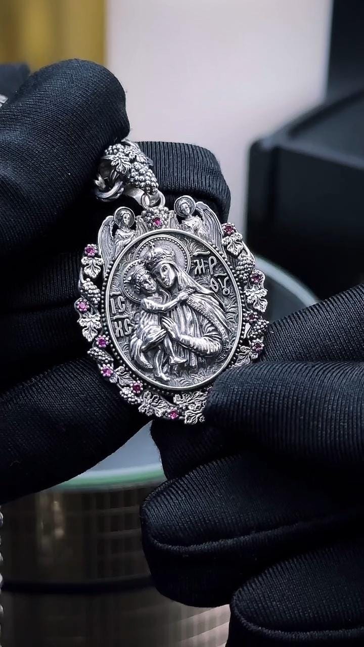 Virgin Mary Pendant, Christian Orthodox Necklace,  Mens Pendant, Silver Christian Jewelry,Religious Pendant, Birthday Gift for Him 506