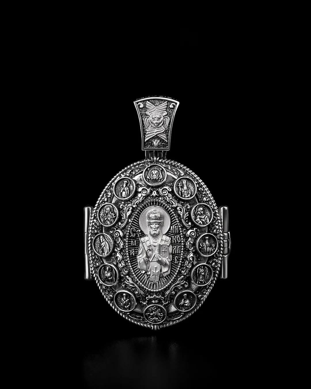 Vintage sterling silver 925 orthodox amulet Openable Reliquary St Nicholas the Wonderworker amulet God Mother of the Seven arrows Angel 511