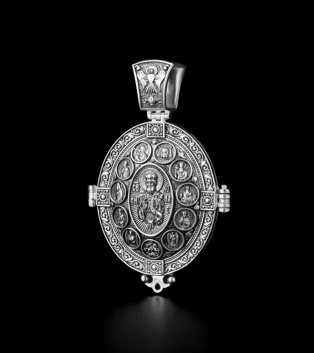 Vintage sterling silver 925 orthodox amulet Openable Reliquary St Nicholas the Wonderworker amulet God Mother of the Seven arrows Angel 534