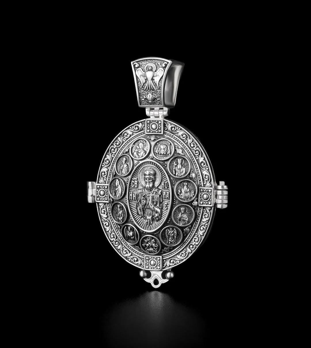 Vintage sterling silver 925 orthodox amulet Openable Reliquary St Nicholas the Wonderworker amulet God Mother of the Seven arrows Angel 534